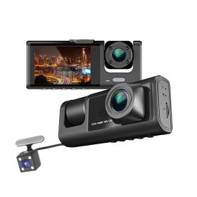 3 Channel Dash Cam -  Front, Rear and Inside; 1080P Dash IR Night Vision; Loop Recording, Car DVR Camera With 2 Inch IPS Screen, 3 Cameras Car Dashcam